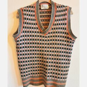 Vtg 70s Geometric Knit Sweater Vest Retro Golf Preppy Academia Grandpa Wintuk M